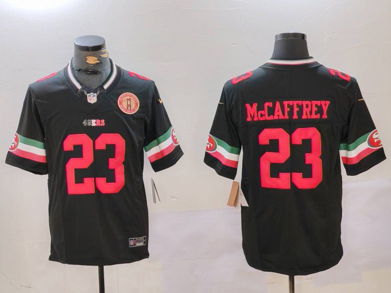 Men San Francisco 49ers #23 Mccaffrey Black Mexico three generations 2024 Nike Vapor Limited NFL Jersey style 2